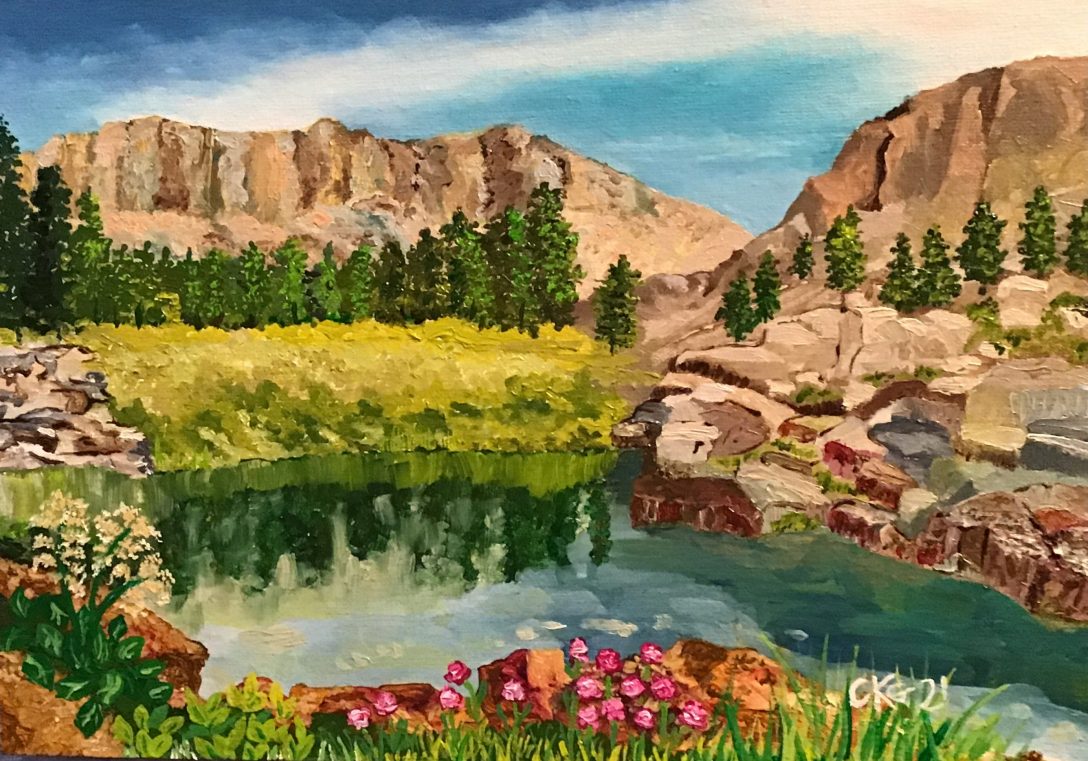 Painting of hills and lake with flowers in the foreground.